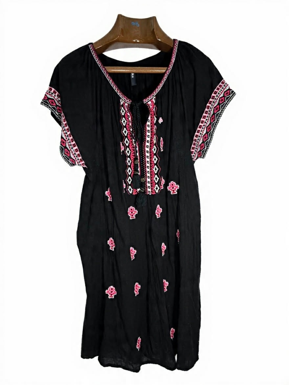 Black Midi Dress with Pink Embroidery Boho Artsy Tribal Dress